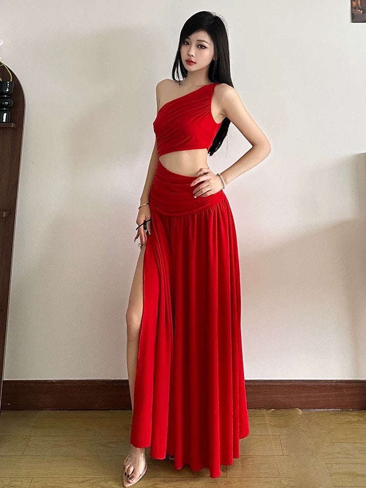 Red Side Waist Cut Long Dress (S)
