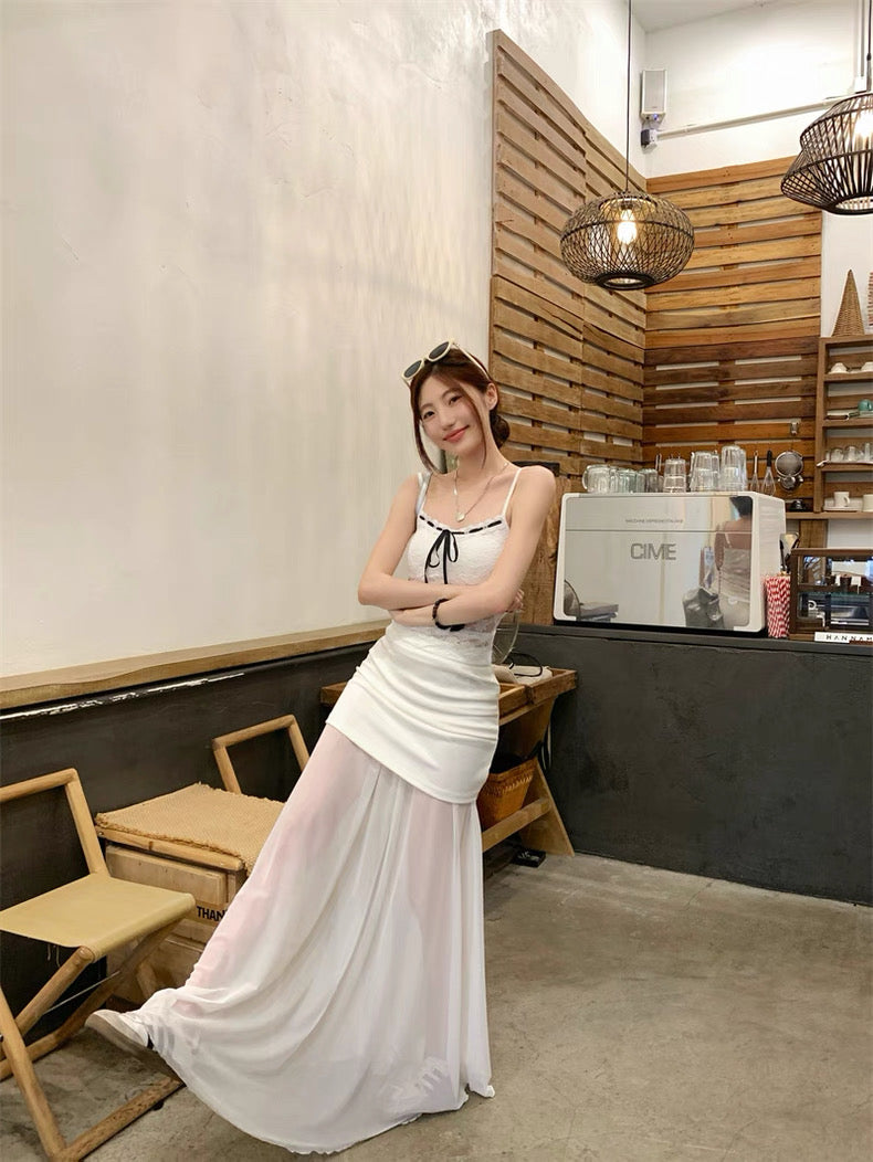 Cream White Mesh Long Skirt (S, M)