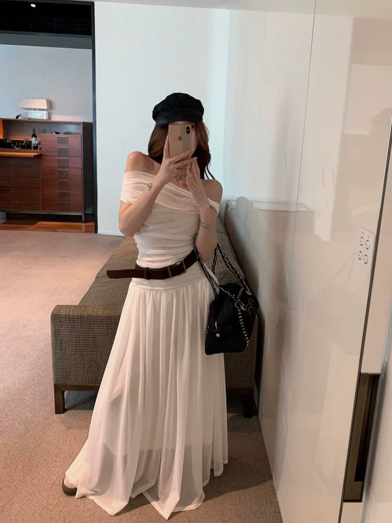 Off Shoulder Mesh Long Dress With Belt