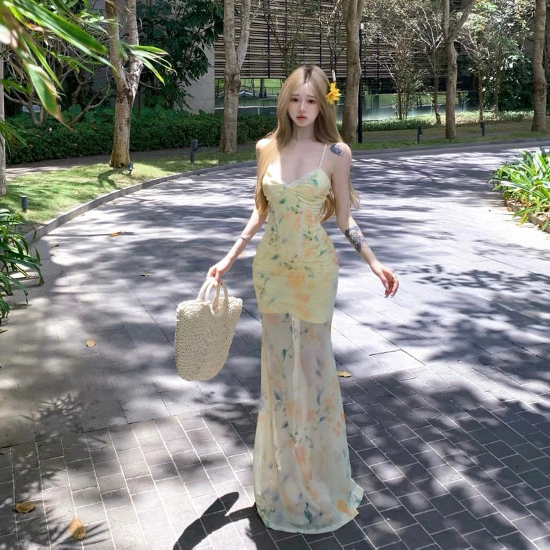 Lace Collar Yellow Long Dress