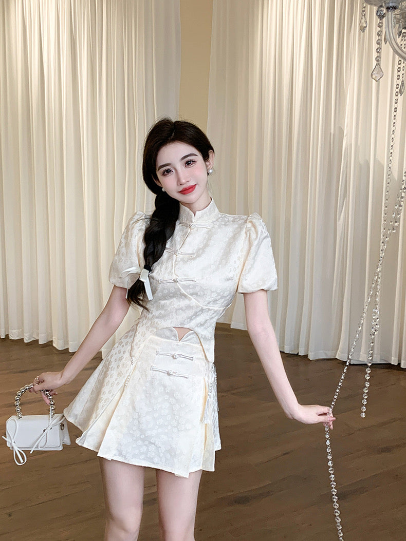 Beige Cheongsam Top + Skirt Two Piece Set (L)