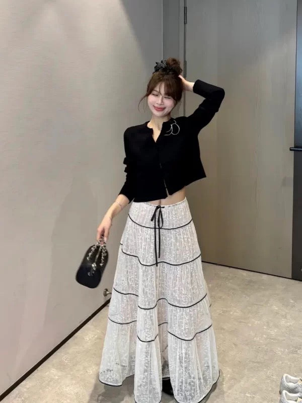 White Laces Black Ribbon Long Skirt SK31