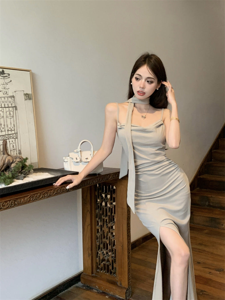 Bareback Strap Dress With Collar Strap (Black, Grey)