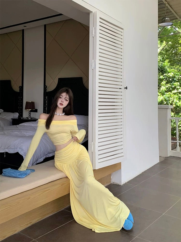 Off Shoulder Long Sleeve Top + Long Skirt Two Pieces Set