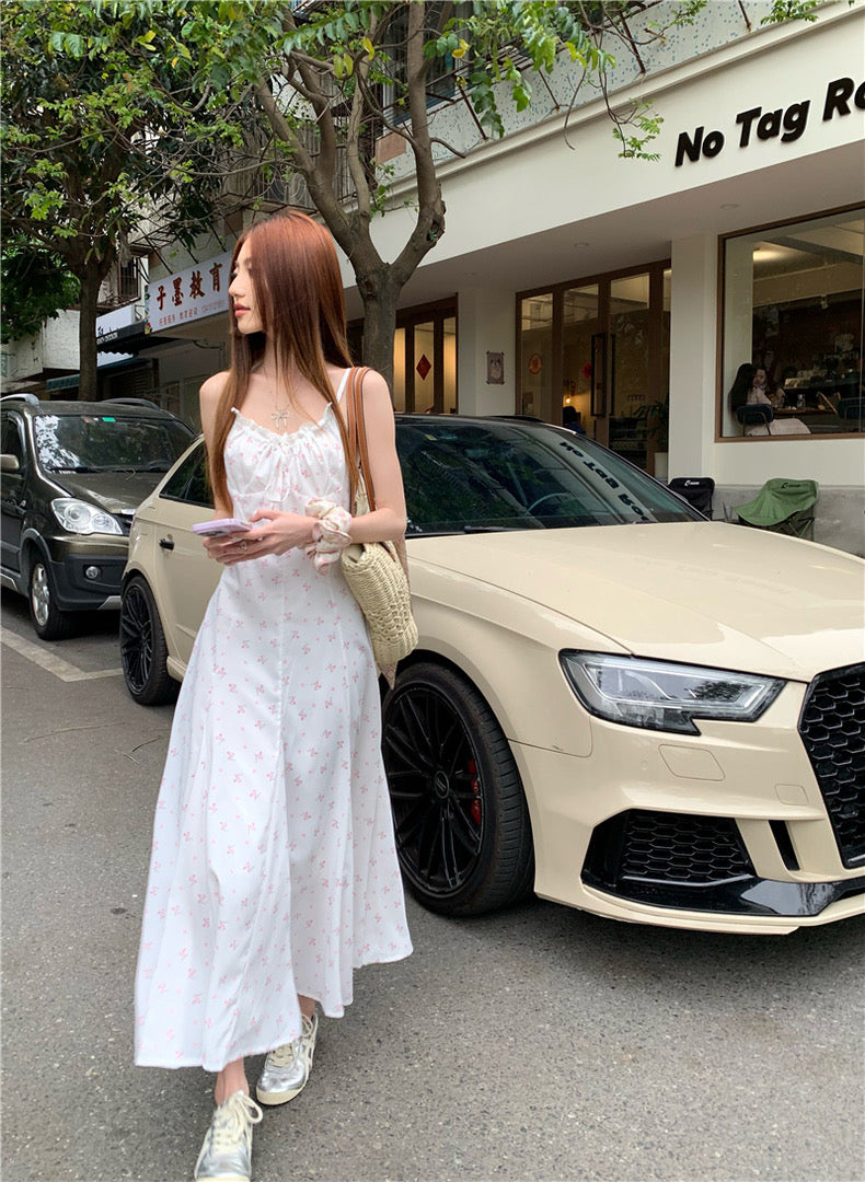 Pink Flower White Strap Long Dress (M)