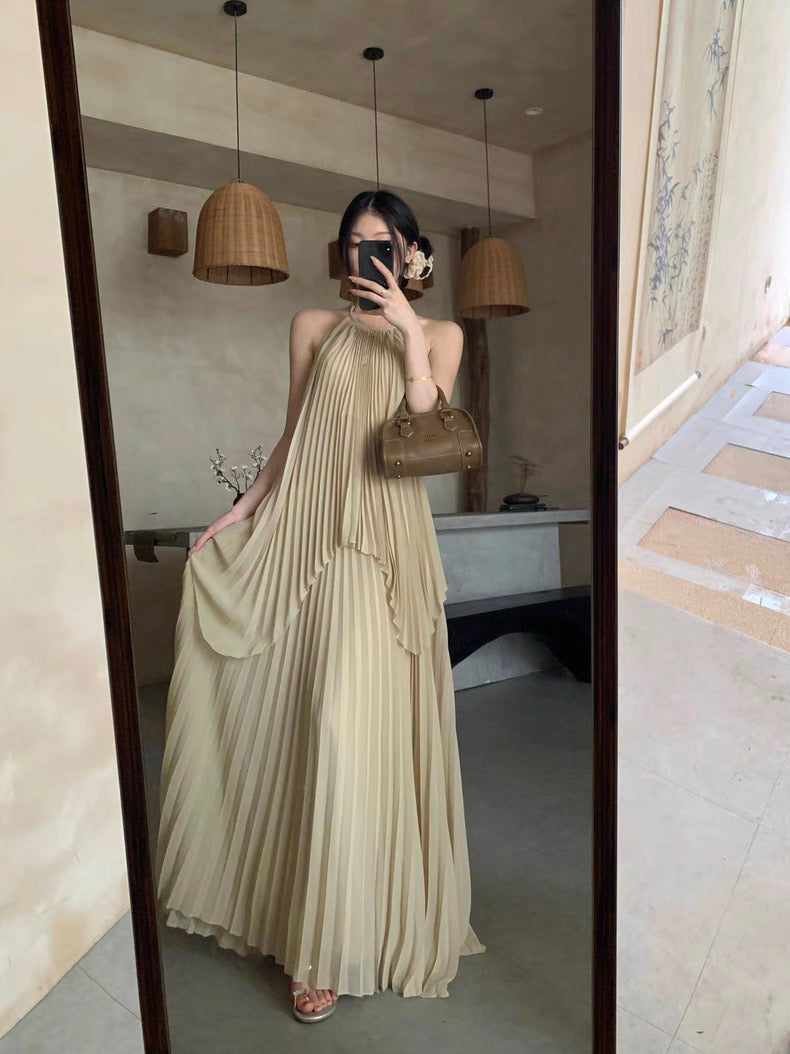 Khaki Chiffon Pleated Two Piece Set