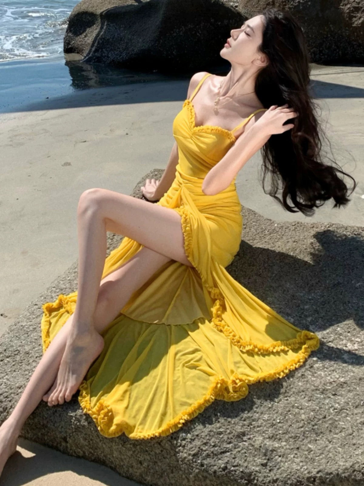 Yellow Unequal Strap Dress (S)