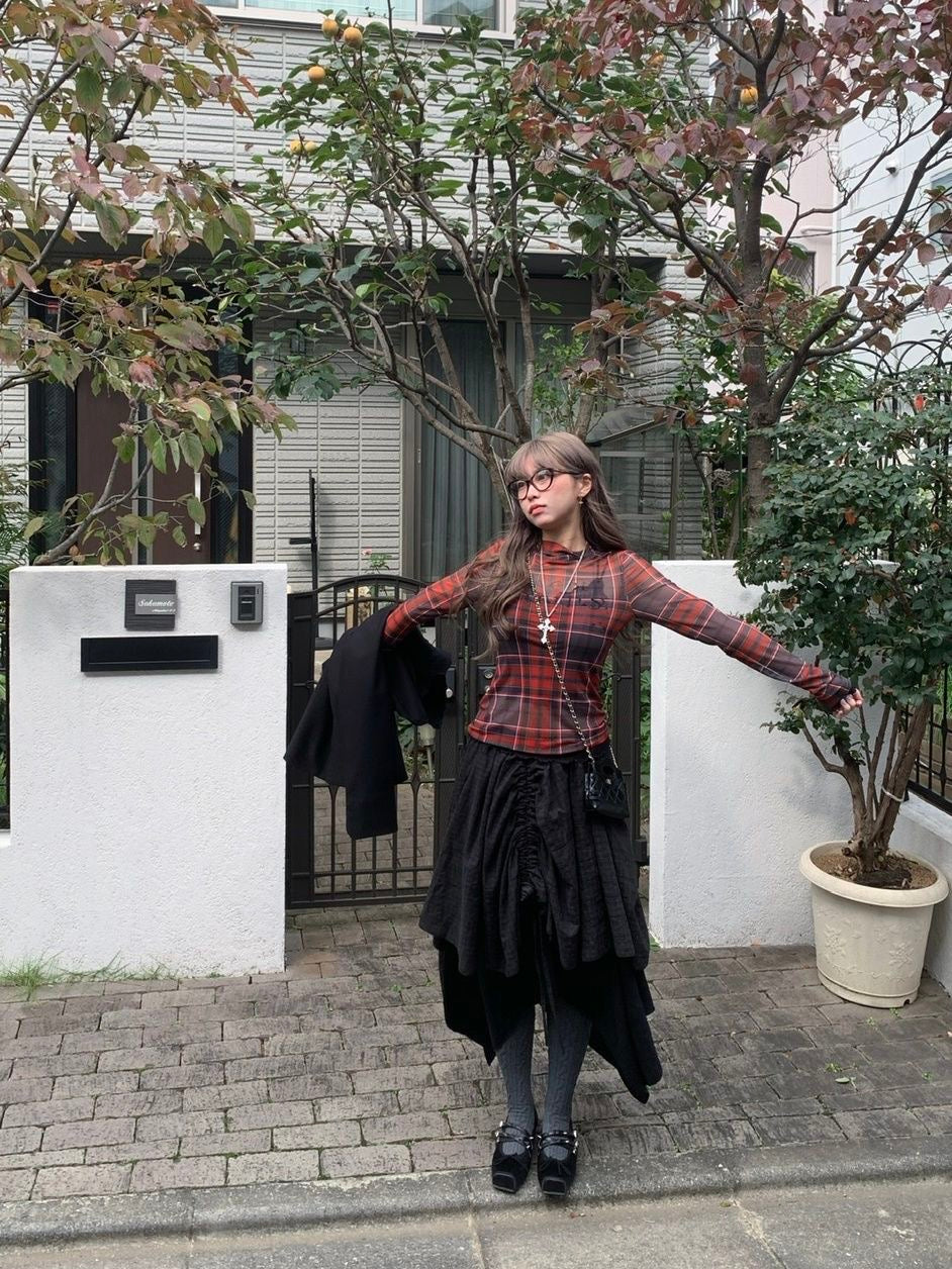 Mesh Grid Red Long Sleeve Top