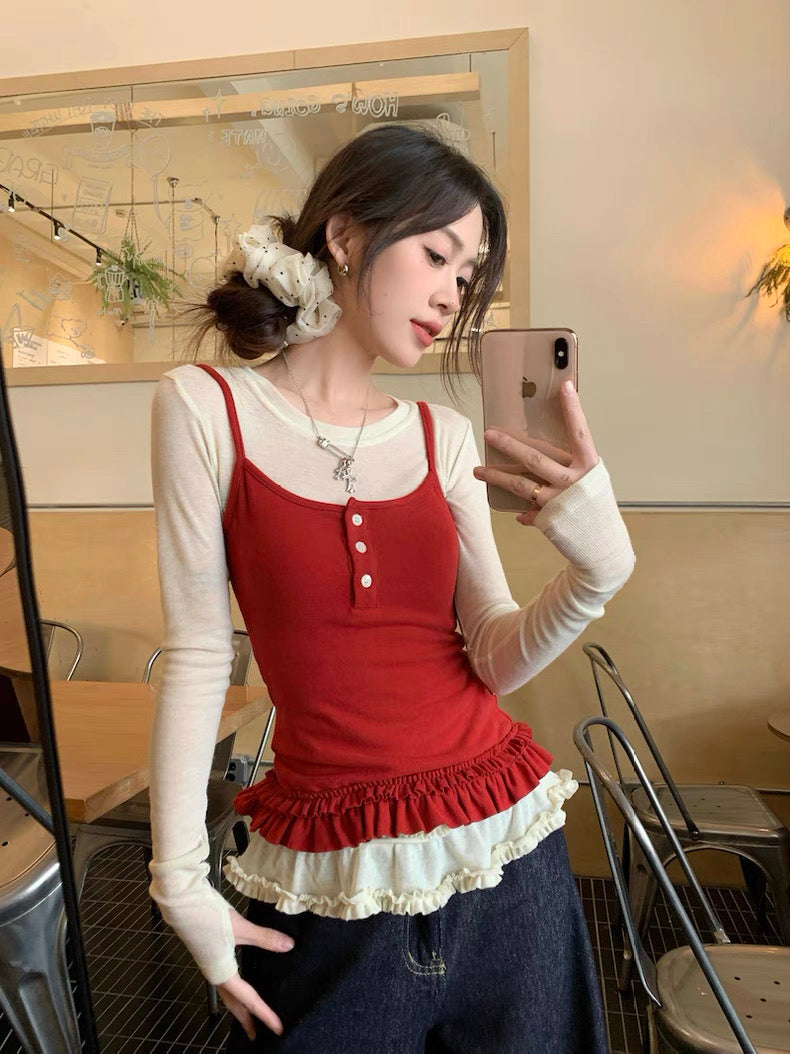 Red Top + Inner Long Sleeve Top