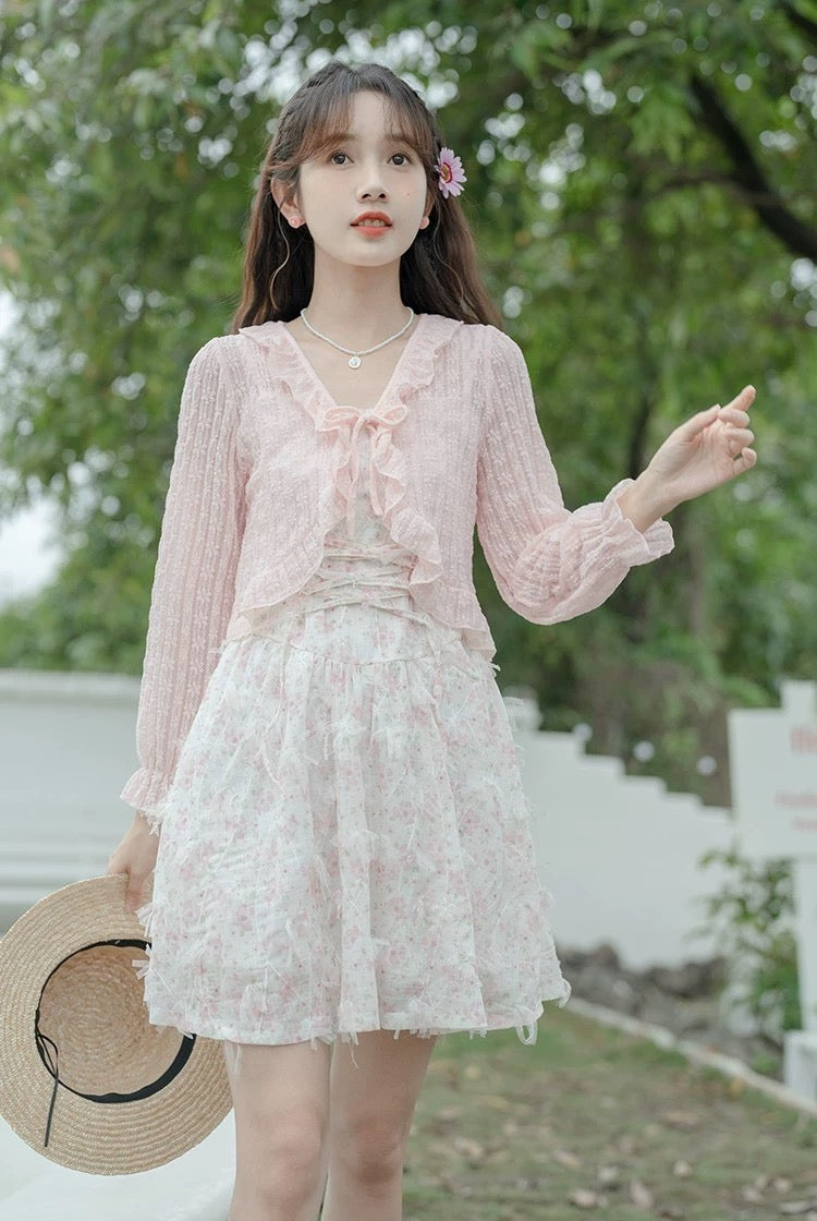 Pink Floral Laces Long Sleeve Cardigan