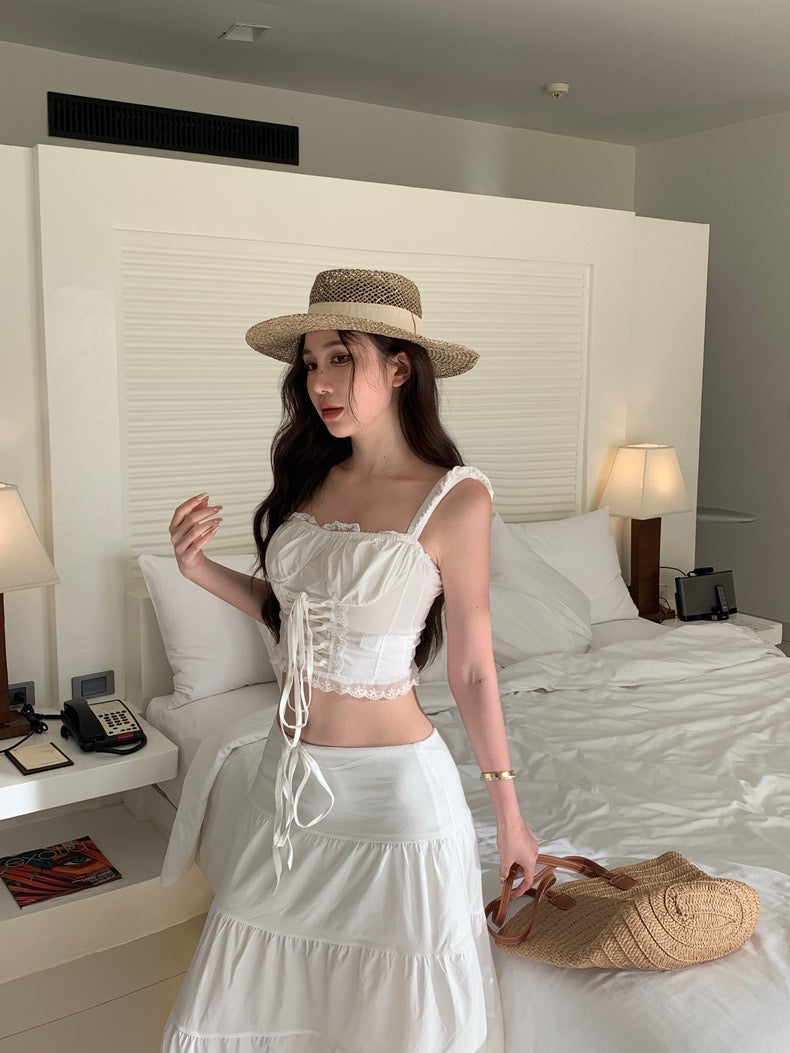 Cream White Lace Top + Long Skirt Two Pieces Set