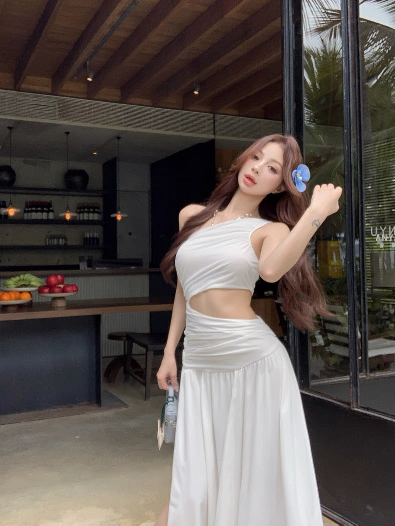 Side Waist Cut Long Dress (White, Red)