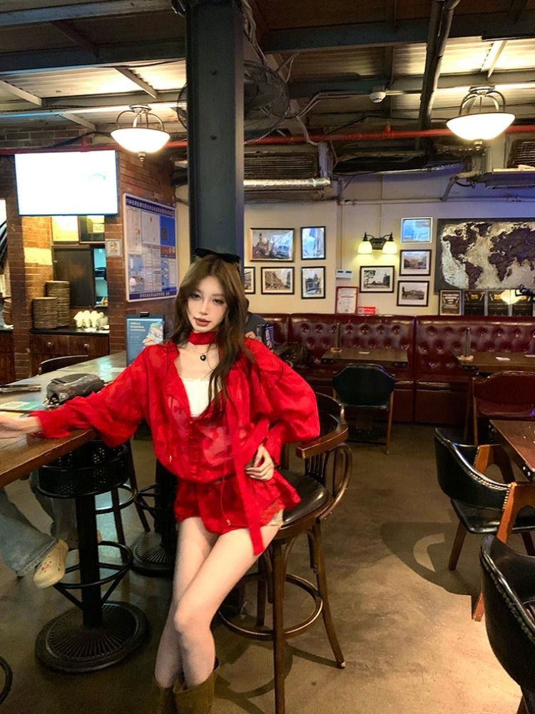 V Collar Lantern Sleeve Thin Top (Black, Red)