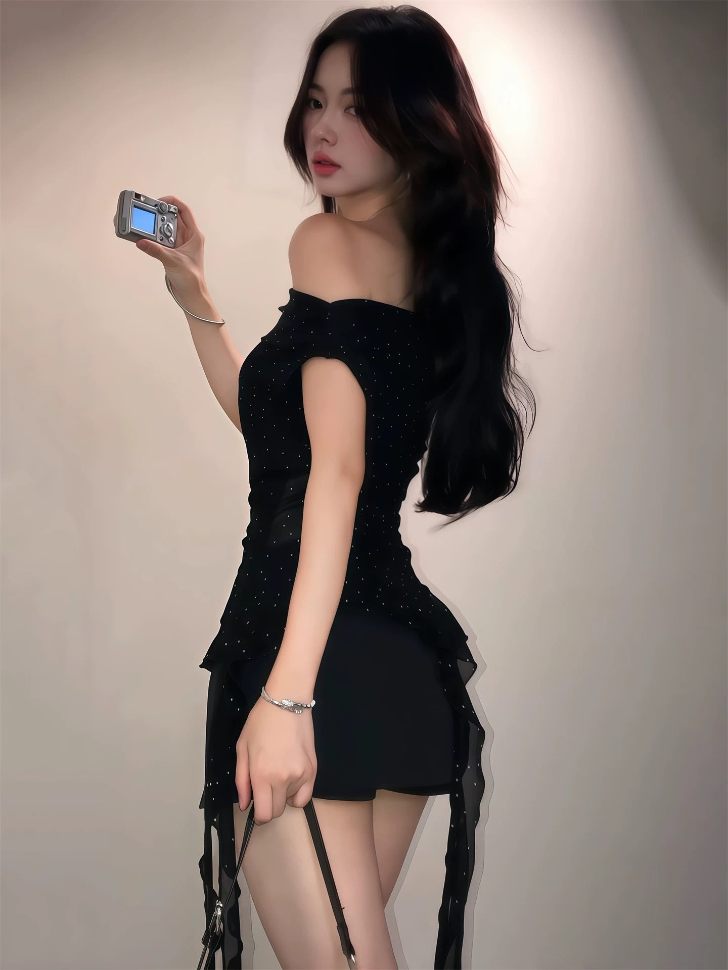 Mini Dot Off Shoulder Black Mesh Top