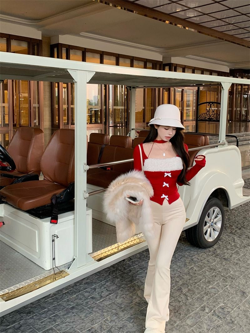 Christmas Collar White Ribbons Long Sleeve Top C004