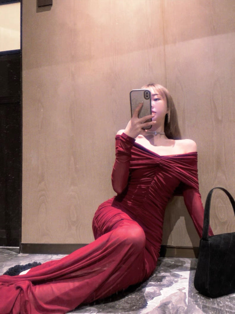 Wine Red Off Shoulder Mesh Dress