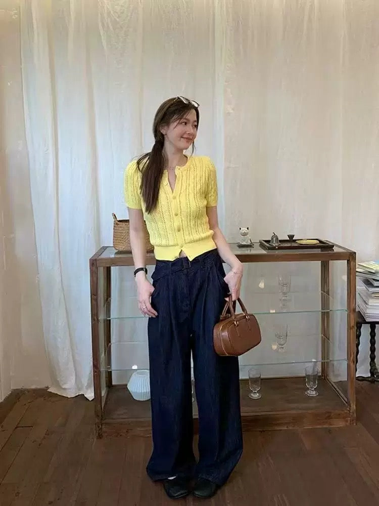 Yellow Knitted Short Sleeve Cardigan Top