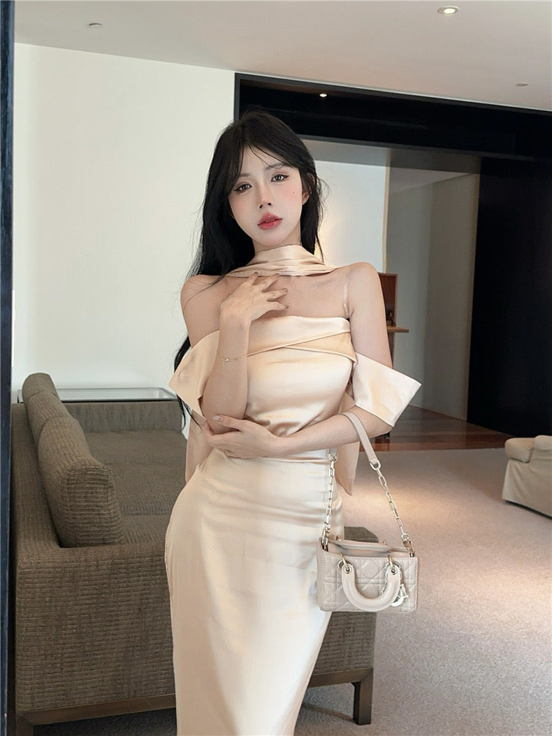 Silky Champagne Tube Long Dress (S, M)