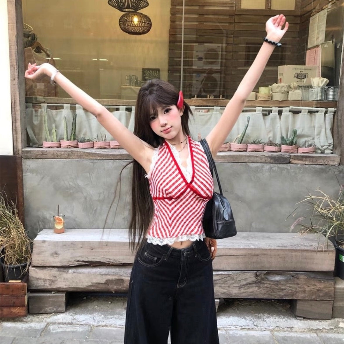 Round Lace V Collar Ginham Top With Pad 胸垫 (Yellow, Red)