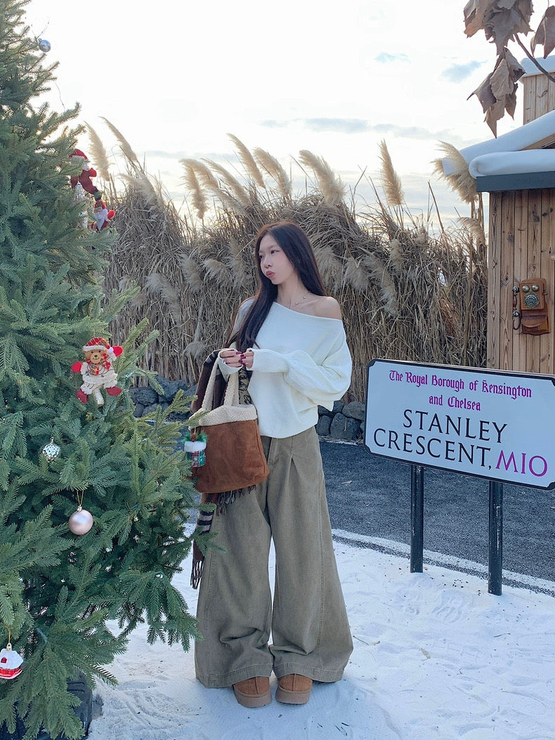 Off Side Shoulder Long Sleeve Knitted Top (Cream)