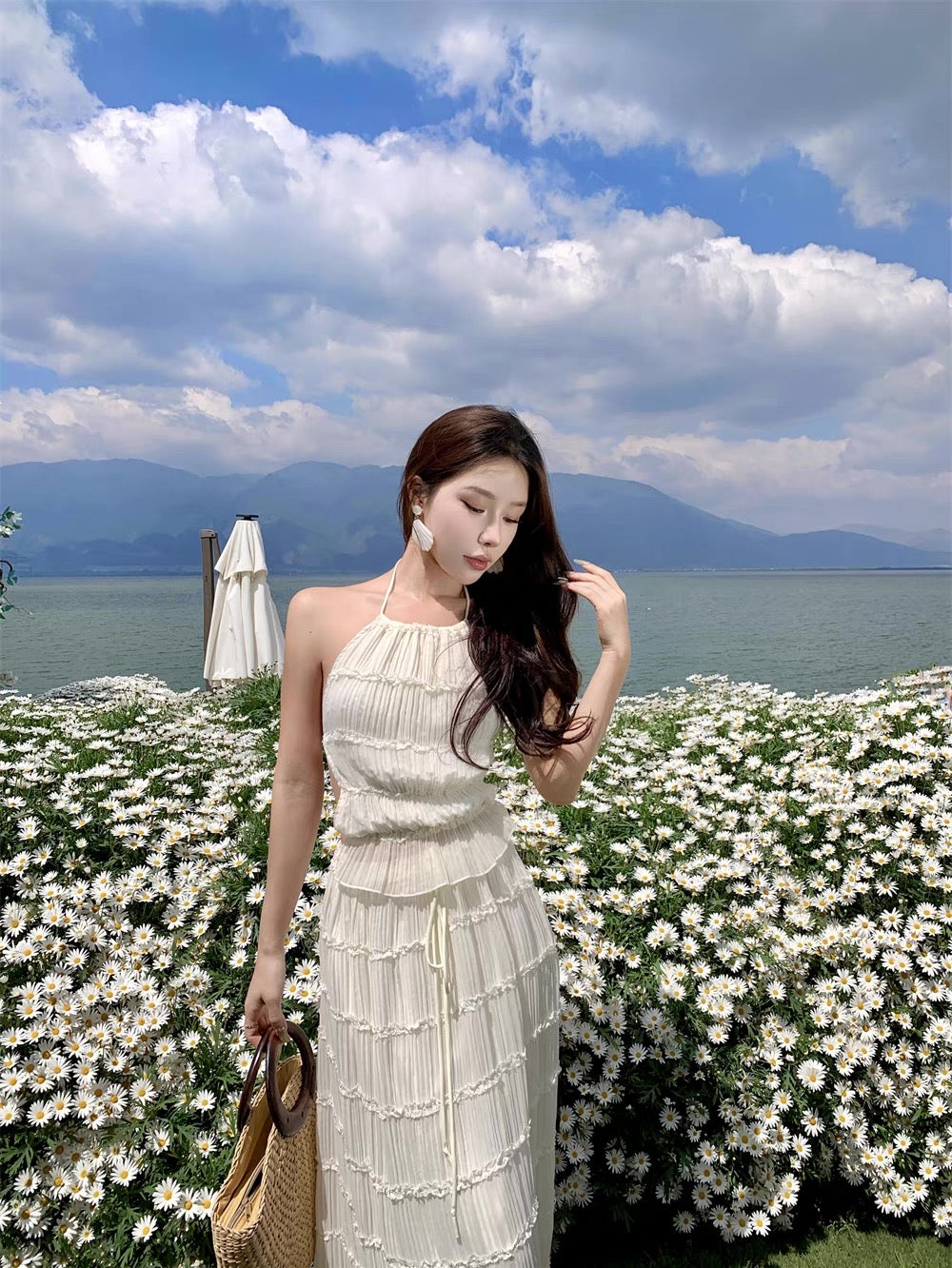 Layered Bareback Top + Long Skirt Two Pieces Set