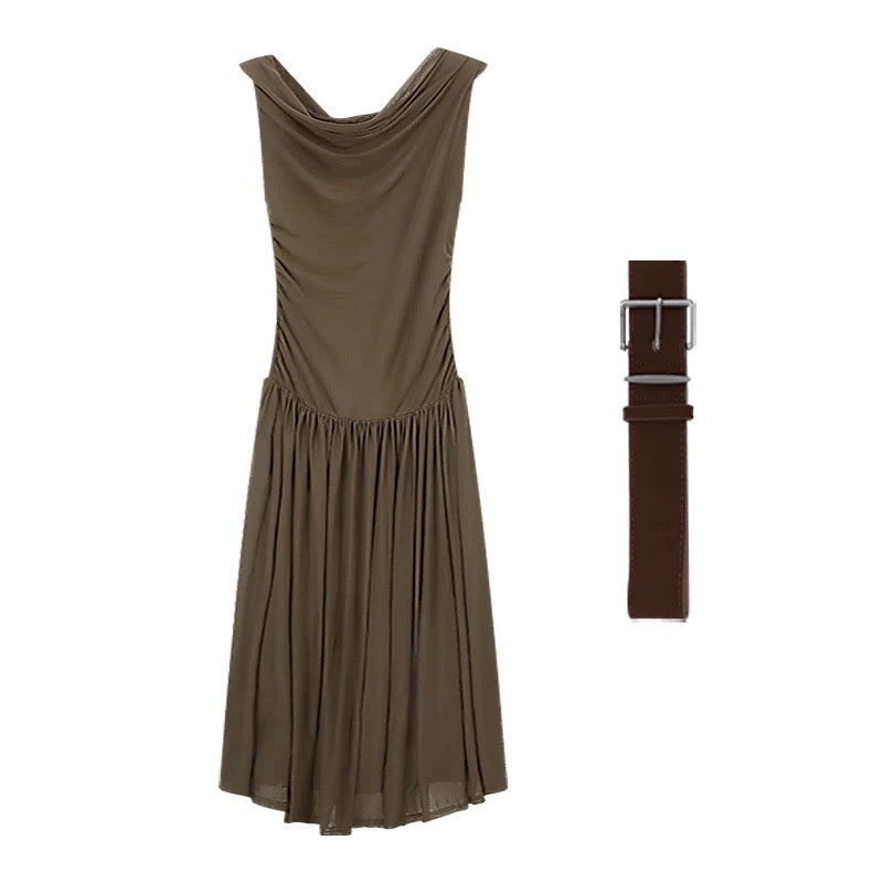 Off Shoulder Mesh Long Dress With Belt