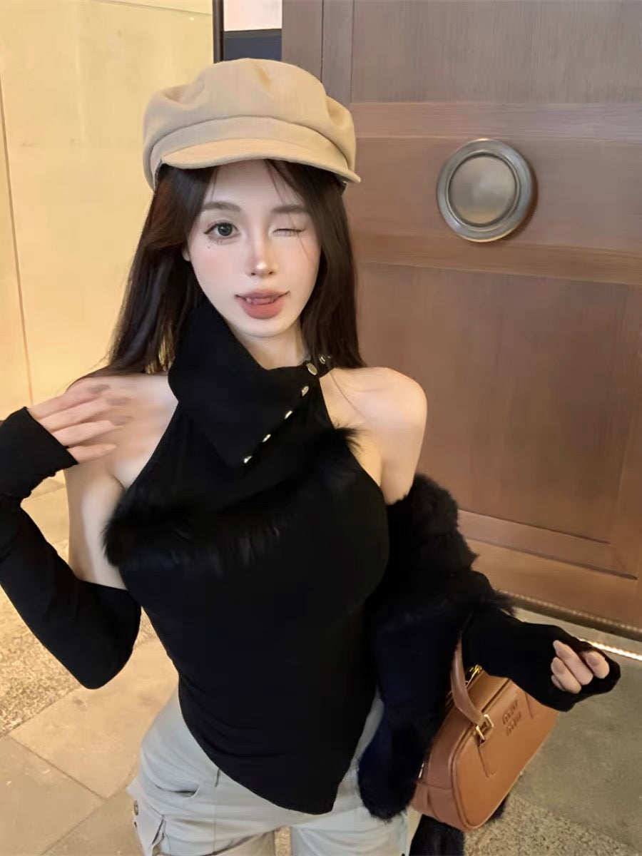 Halter Fur Sleeveless Top With Sleeve (White , Black)
