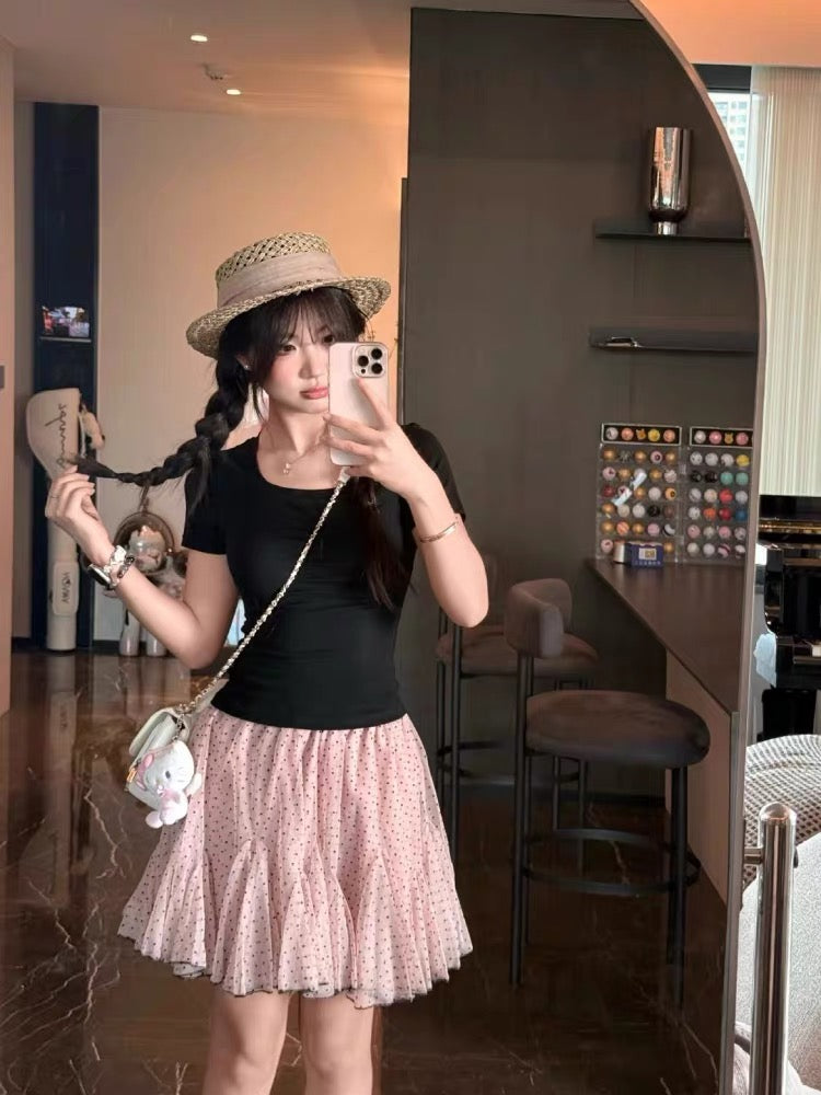 Peach Pink High Waist Polka Dot Mesh Skirt SK39