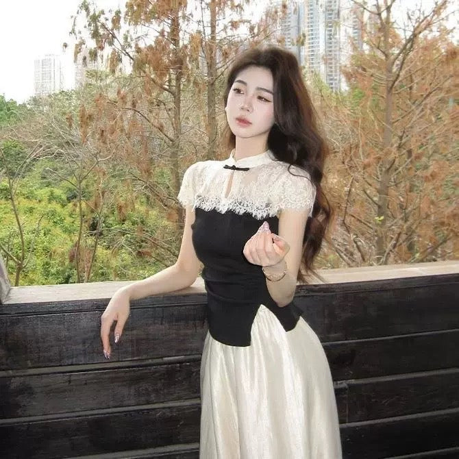 White Collar Black Cheongsam Top