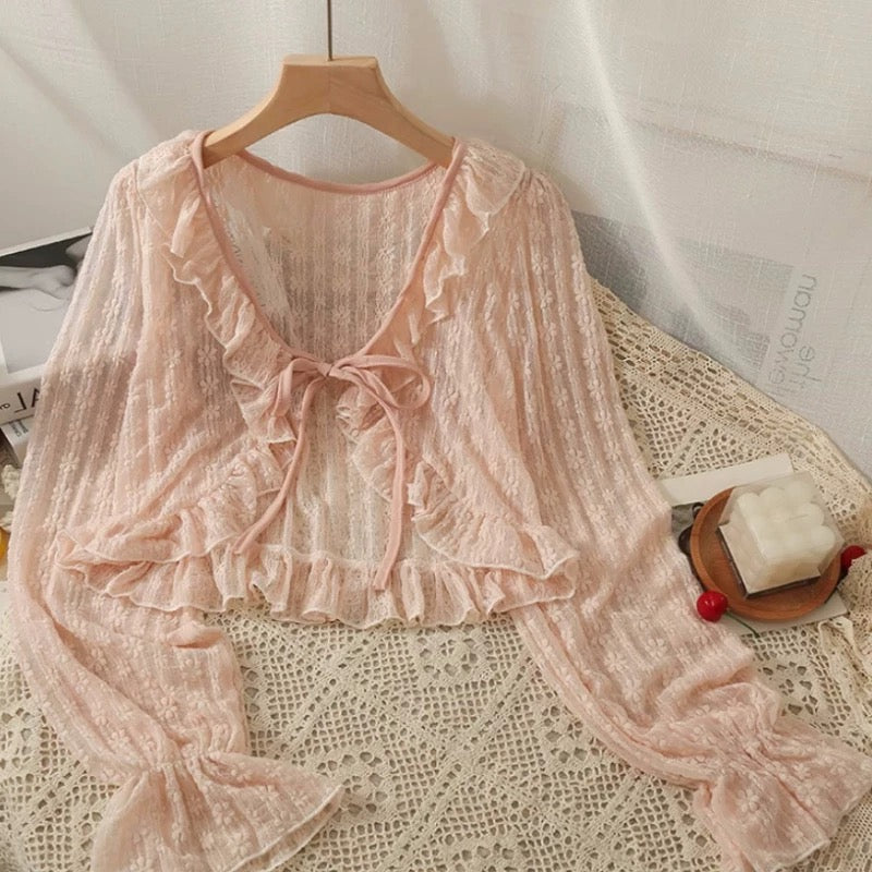 Pink Floral Laces Long Sleeve Cardigan