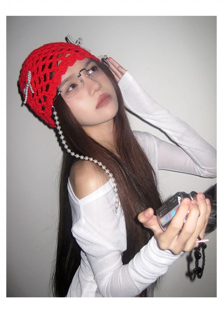 H15 Pearl Ribbon Knitted Embroidery Hat (Red)