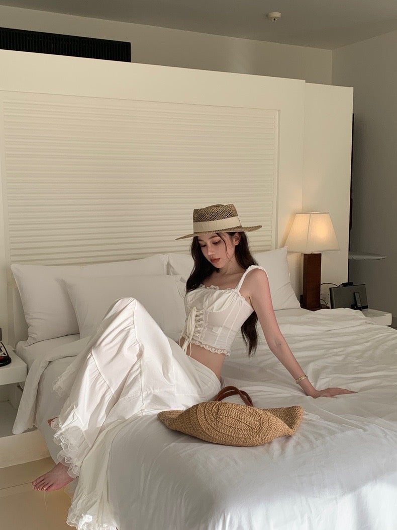 Cream White Lace Top + Long Skirt Two Pieces Set