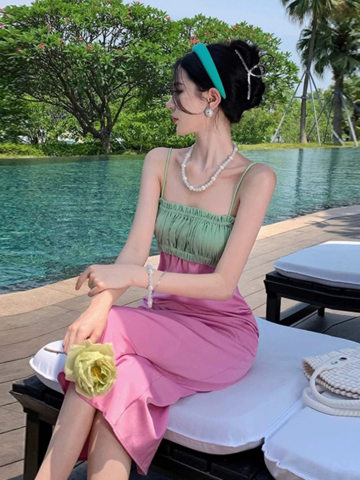 Green Mix Purple Satin Strap Dress (S, M)