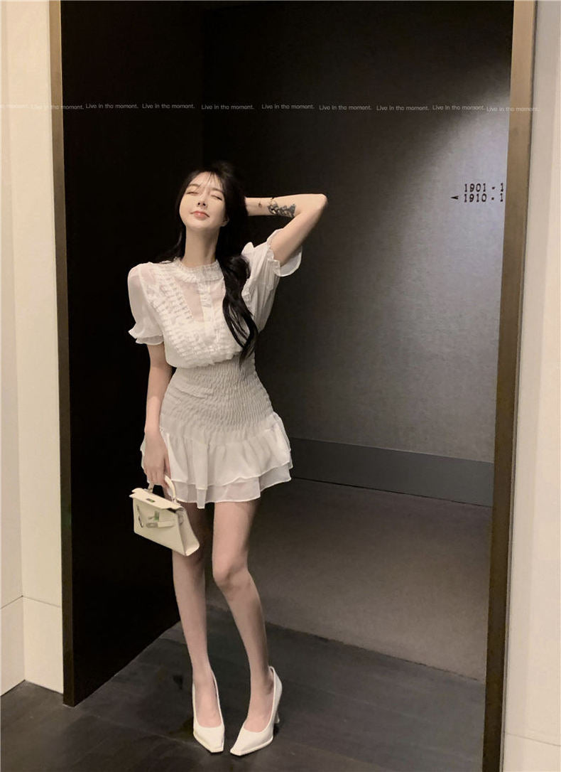 Mesh Puff Sleeve One Piece Dress