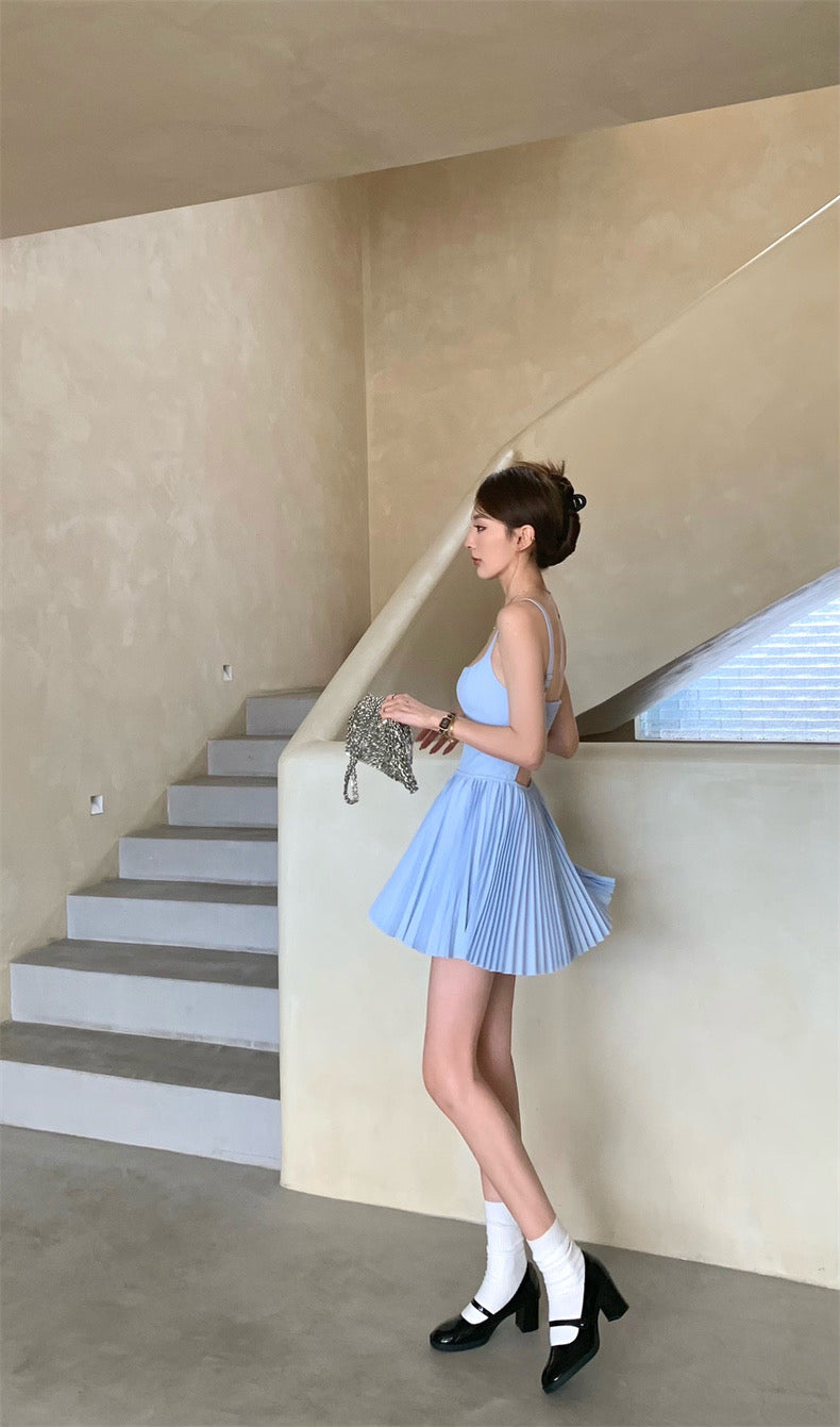Sweet Pleated Blue Dress (Blue - L - 3XL)