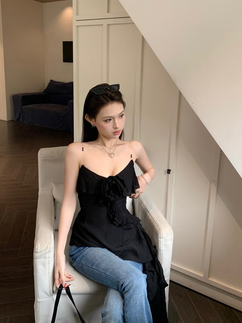 Summer Unequal Black Floral Strap Top