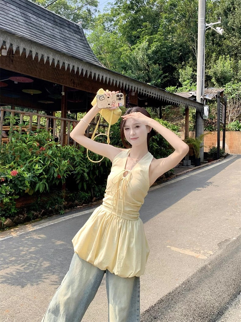 Round Collar Yellow Mini Dress