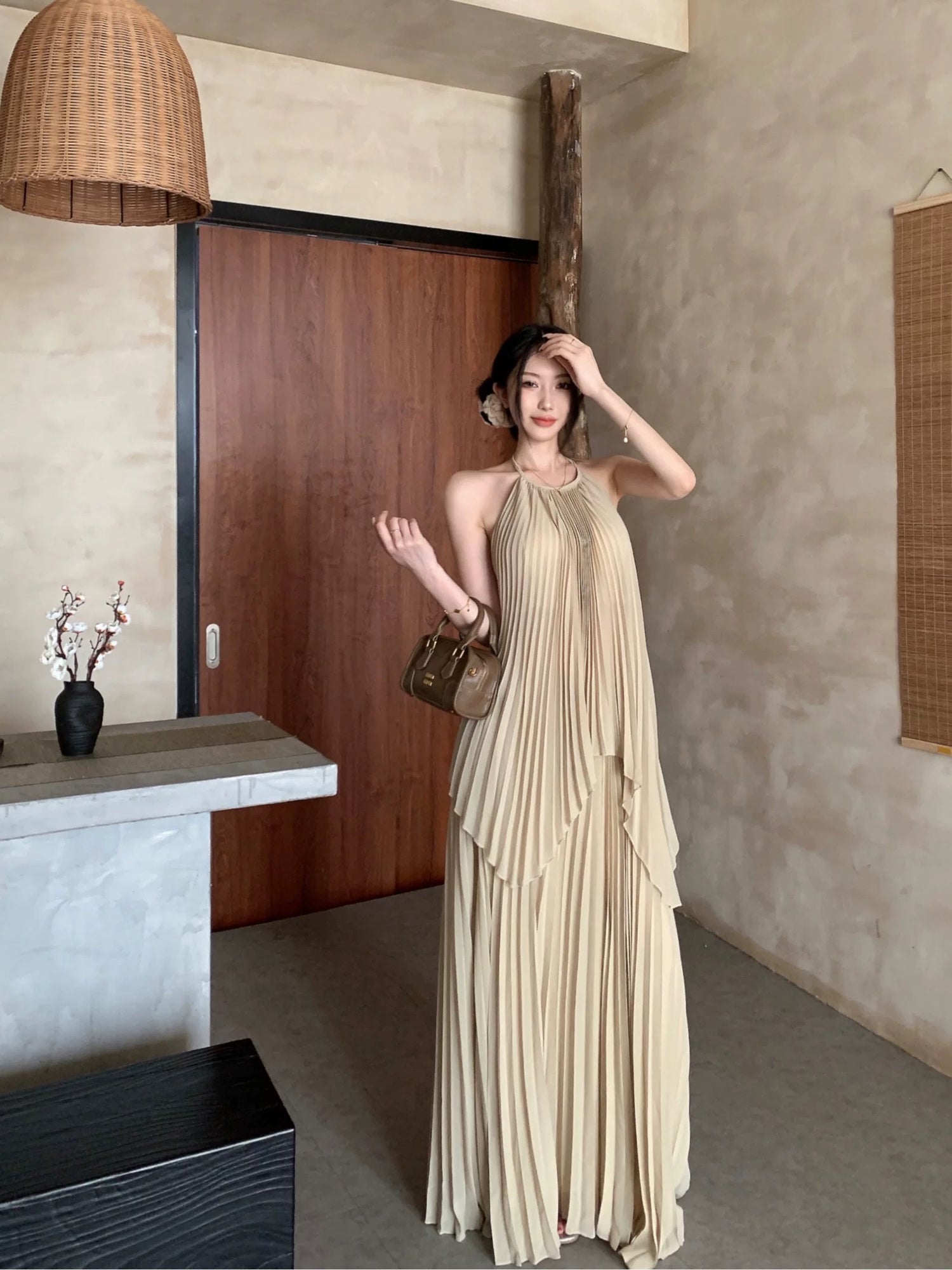 Khaki Chiffon Pleated Two Piece Set