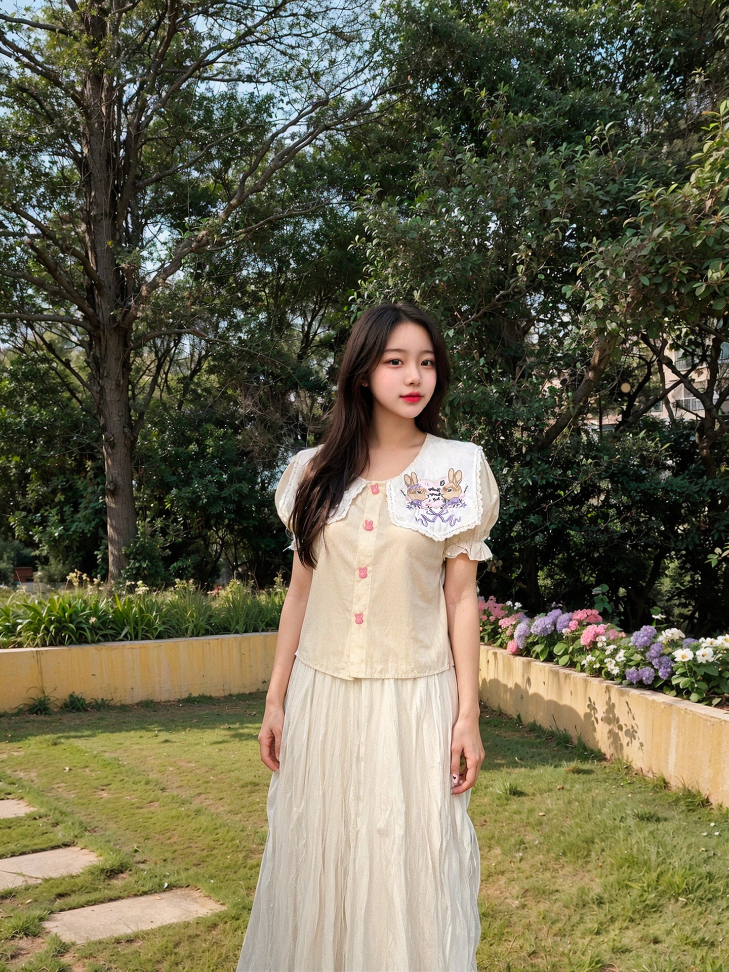 Dolly Bunnies Collar Puff Sleeve Top (White, Beige)