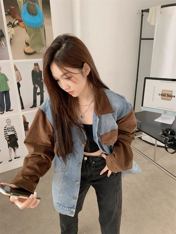 Denim Mix Brown Collar Sleeve Jacket