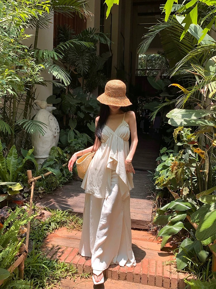 Bohemian Strap Top + Pants Two Piece Set (Cream)