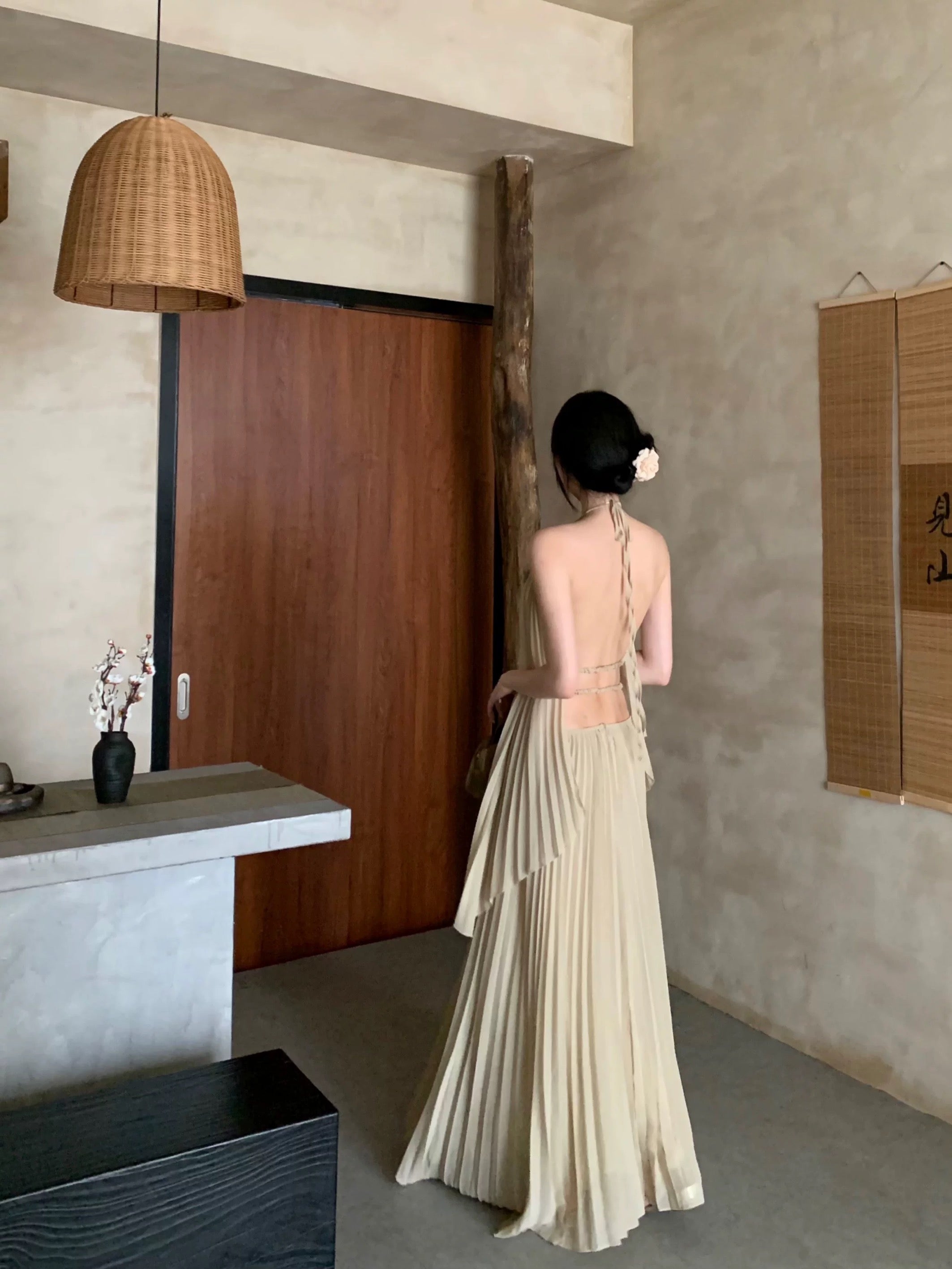 Khaki Chiffon Pleated Two Piece Set