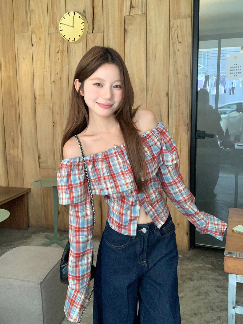 Off Shoulder Grid Long Sleeve Top