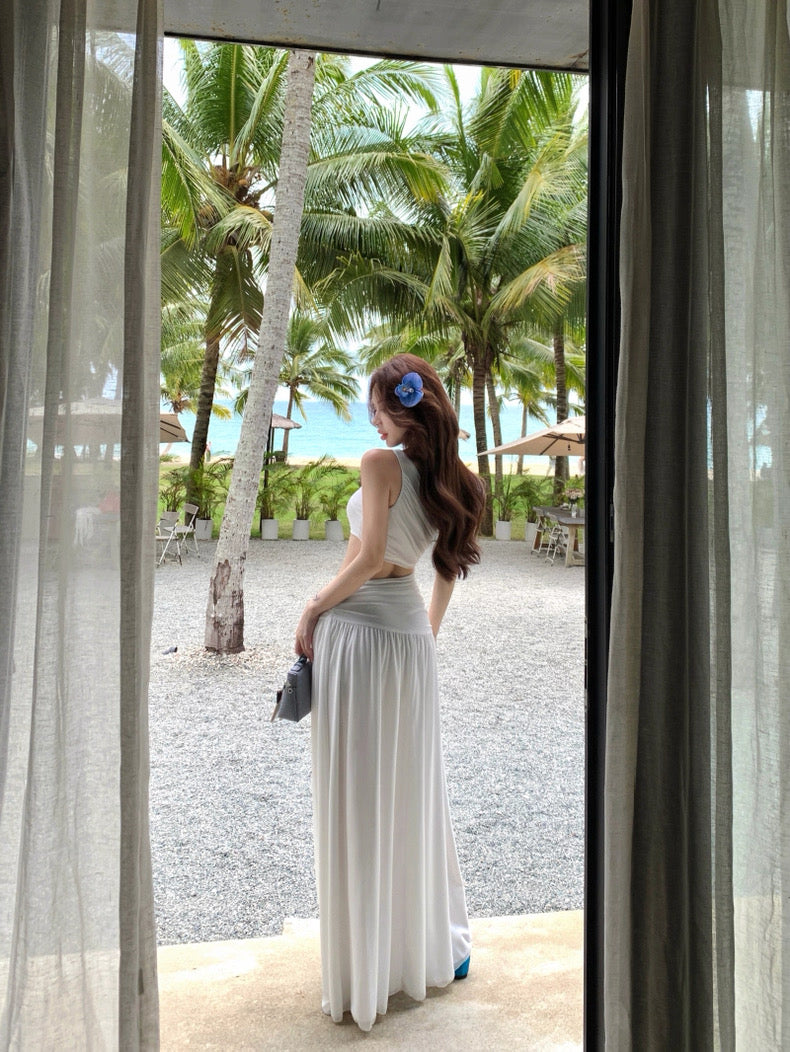 Side Waist Cut Long Dress (White, Red)