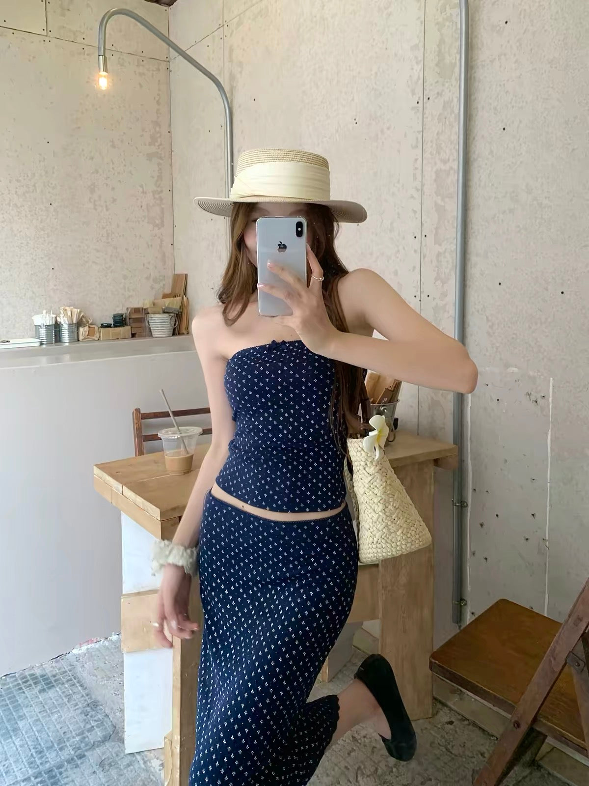Navy Tube Top + Midi Skirt Two Piece Set