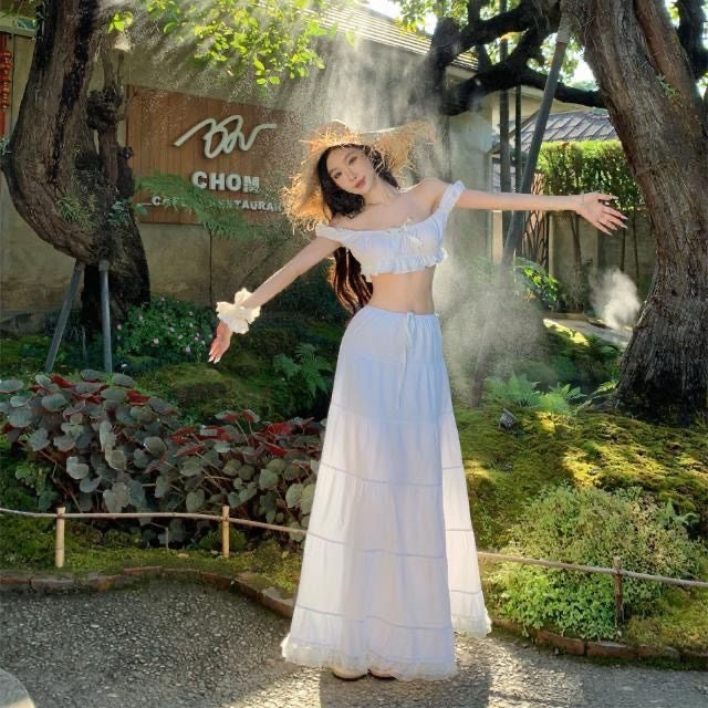 White Off Shoulder Crop Top Long Skirt TWO Pieces Set