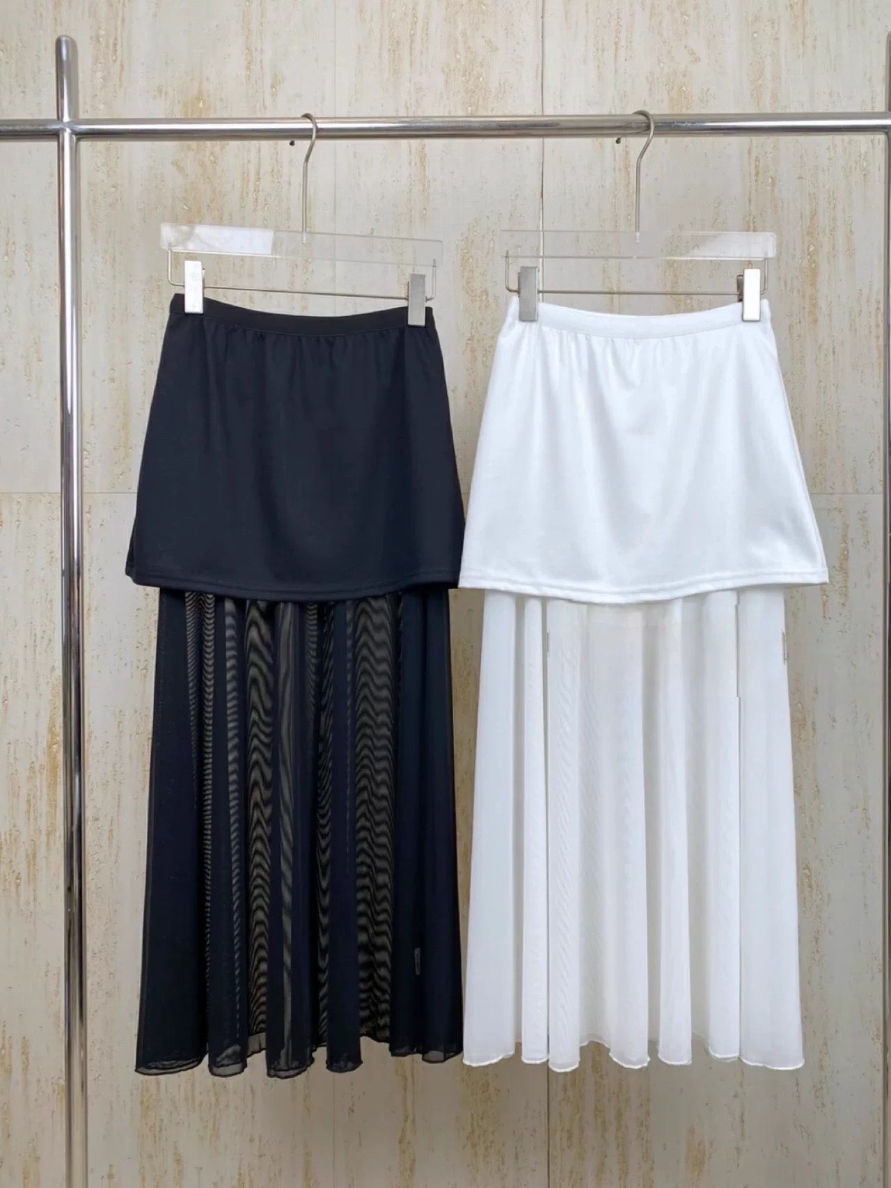 Cream White Mesh Long Skirt