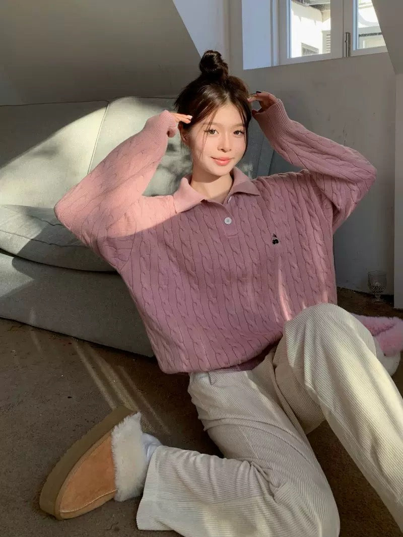 Collar Long Sleeve Cherry Knitted Top (Blue, Pink)