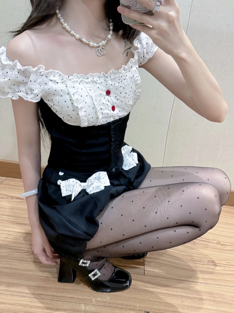 Mix White Black Top + Shorts Two Piece Set (S, M)