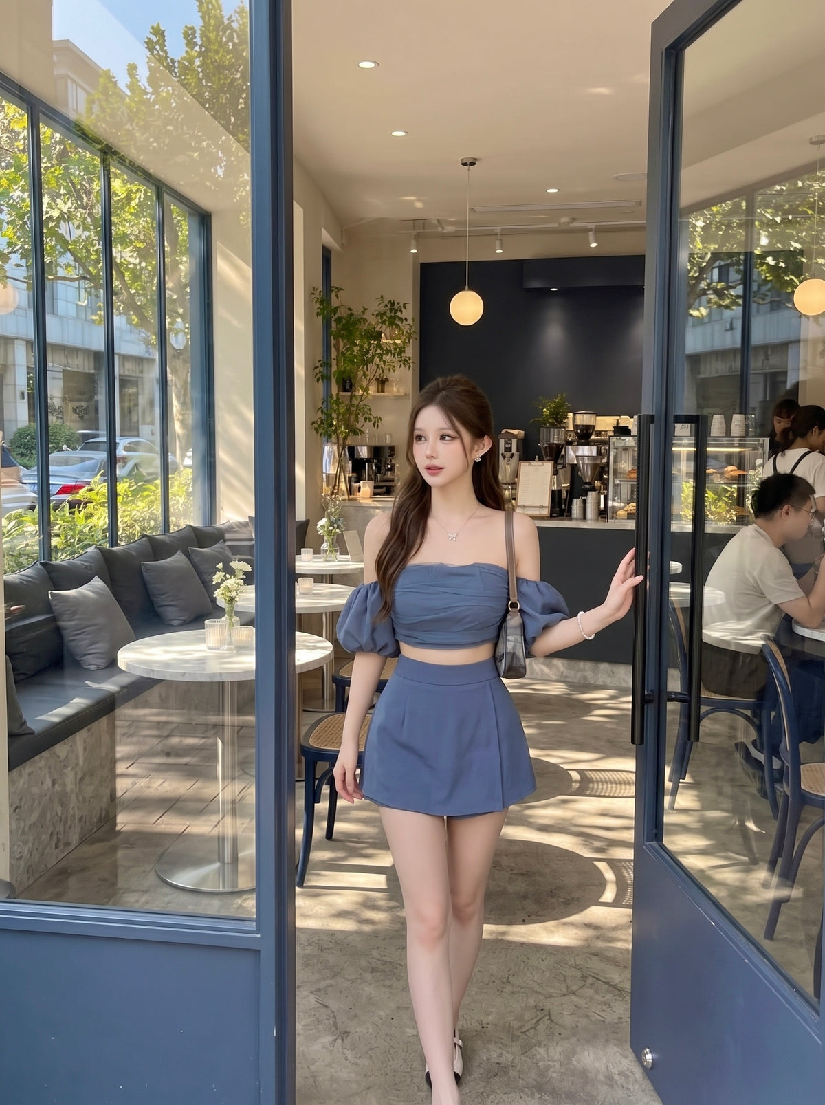 Off Shoulder Crop Top + Skort Two Pieces Set (Blue, Brown)
